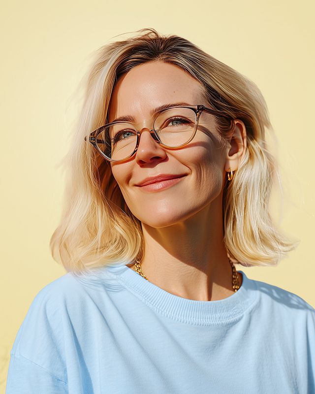 Smiling person with glasses and blonde hair in a light blue shirt against a pale yellow background